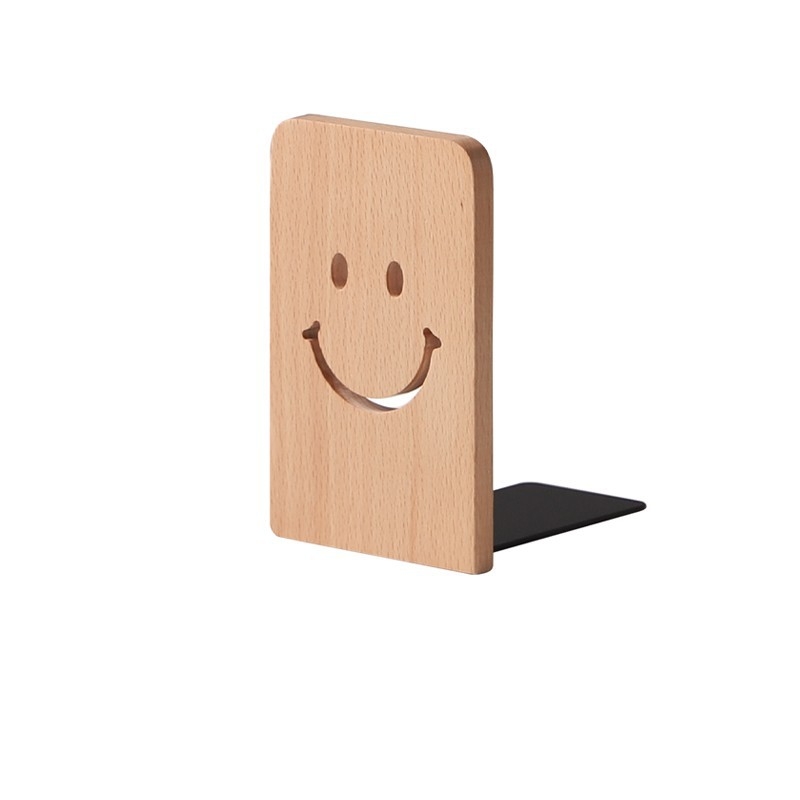 Eco-friendly Cute Smiling Face Pattern Wooden Sturdy Bookend