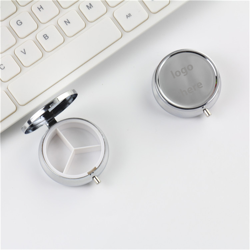 Round Compact Metal Pill Box with Mirror