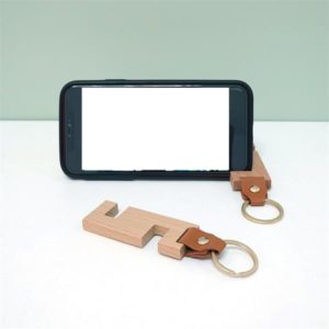 Wood Phone Stand Keychains PU Leather Key Ring