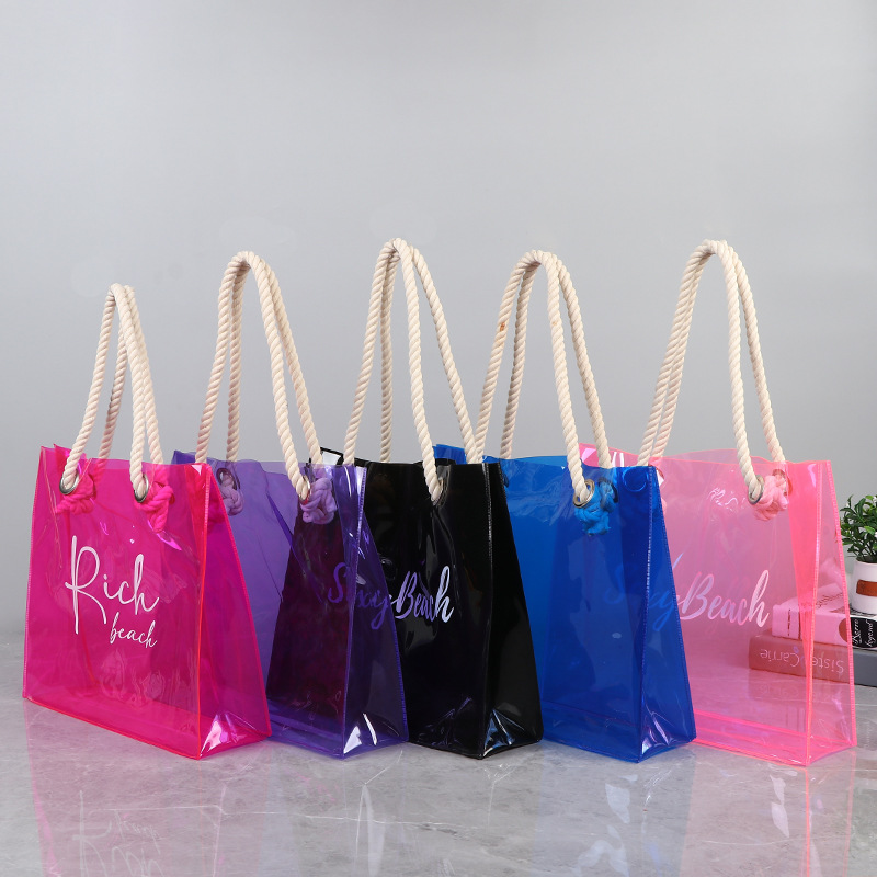 Custom PVC Clear Waterproof Colorful Tote Bag with Cotton Rope Handle