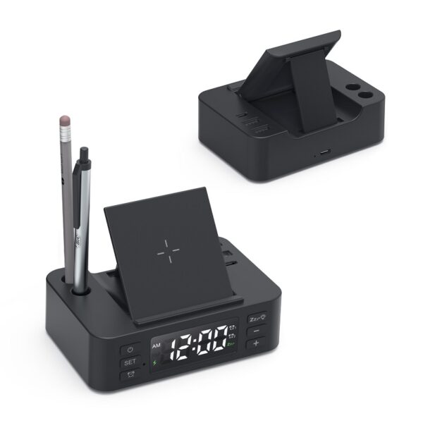 All-in-One Desktop Alarm Clock with Pen Holder and Wireless Charger